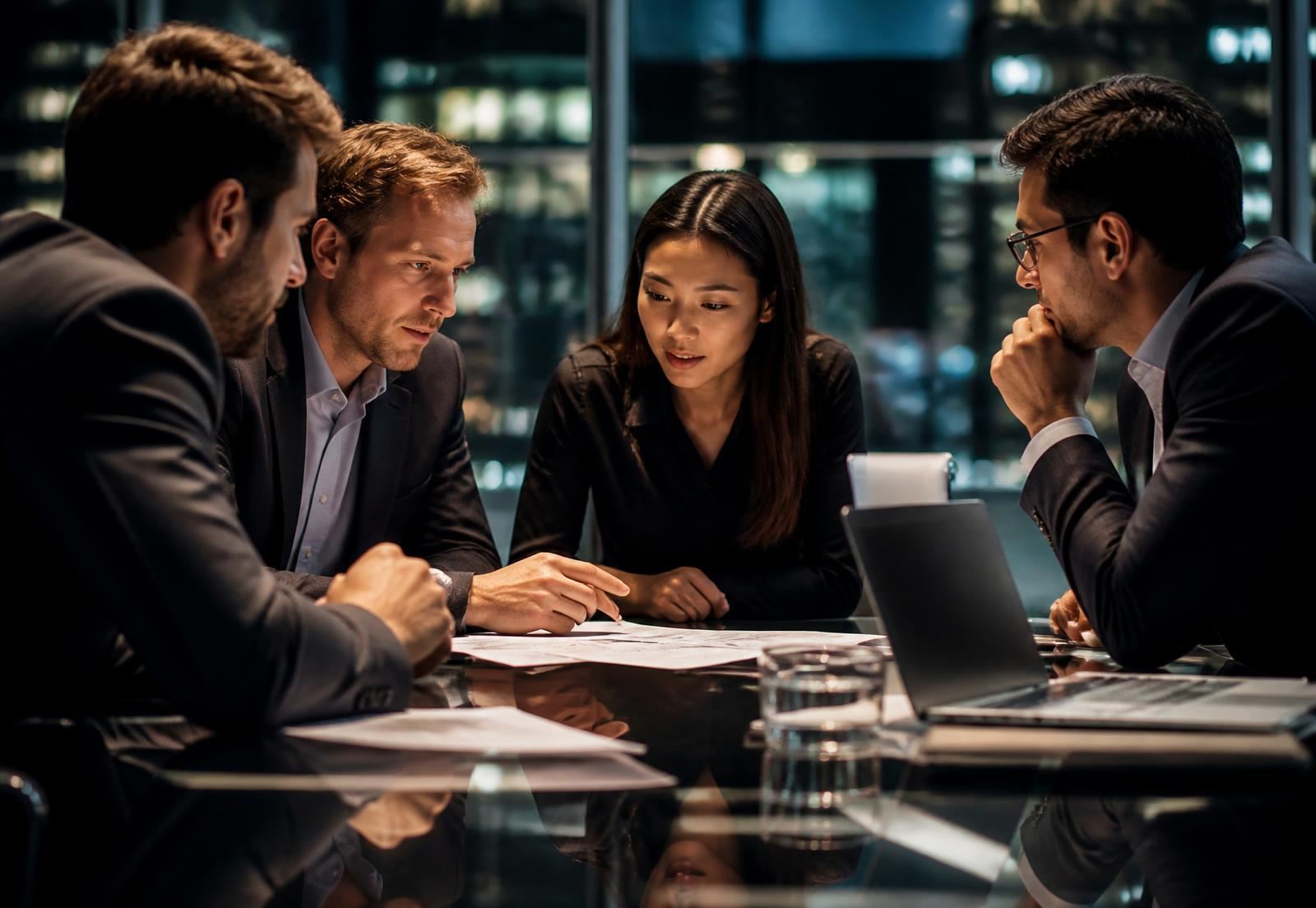 An investment group collaborating around a shared screen